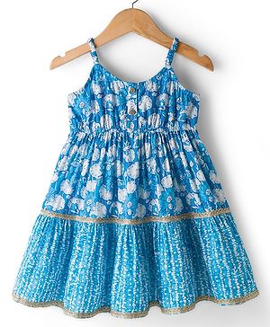 Babyhug Cambric Woven Sleeveless Ethnic Dress With Floral Print - Blue