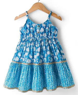 Babyhug Cambric Woven Sleeveless
                              Ethnic Dress With Floral Print - Blue