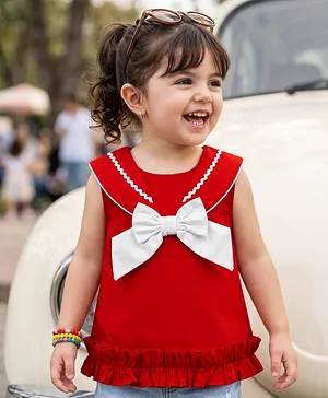 Babyoye Cotton Woven Sleeveless Top
                              With Lace Detailing & Bow Applique -
                              Red