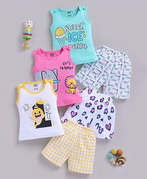 blushh berry Cotton Knit Pack Of 3
                              Sleeveless Shark & Sweet Ice Cream
                              Text Printed Tops & Shorts Set - Blue
                              Pink & White