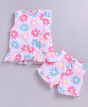 Snuggly MONKEY Poplin Woven
                              Sleeveless Floral Printed Frill Detailed
                              Coordinating Top & Shorts Set - Pink