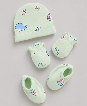 Babyhug 100% Cotton Interlock Knit Boat & Whale Printed Cap Mittens & Booties Sea Green- Diameter 18.5 cm