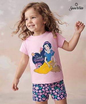 Babyhug Disney Single Jersey Knit Half Sleeves T-Shirt & Shorts Night Suit with Snow White Graphics - Pink