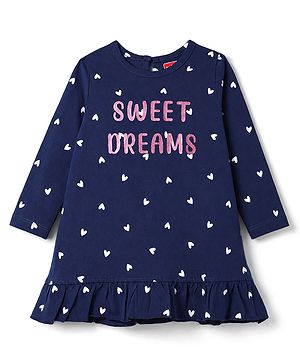 Babyhug Cotton Knit Three Fourth Sleeves Nighty with Frill at Hem Heart & Text Print  - Navy