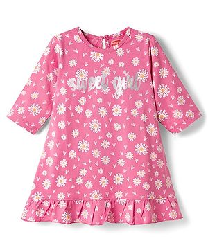 Babyhug Cotton Knit Three Forth Sleeves Floral & Hearts Printed Nighty With Text Foil Print - Pink