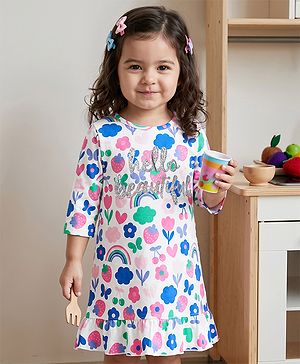 Babyhug Cotton Knit Three Forth Sleeves Tropical Theme & Floral Printed Nighty - Multicolor