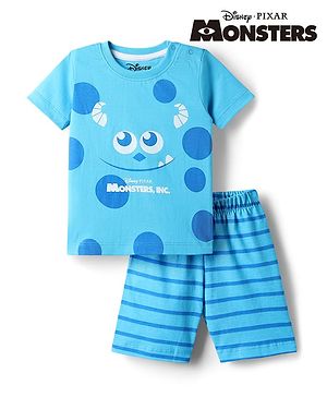 Babyhug Disney Single Jersey Knit Half Sleeves T-Shirt & Shorts Night Suit with Monster Graphics - Light Blue