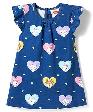 Babyhug Cotton Knit Half Sleeves Bunny & Hearts Printed Nighty - Navy Blue