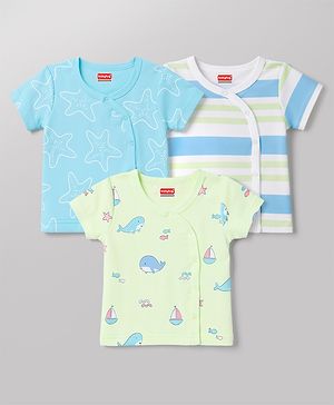Babyhug Interlock Knit Half Sleeves Striped & Boat Printed Jhablas Pack of 3 - Light Blue & Light Green