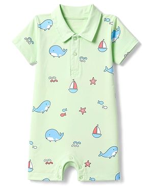 Babyhug 100% Cotton Interlock Knit Half Sleeves Romper With Whale & Star Print - Light Green