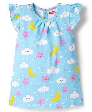 Babyhug Cotton Knit Half Sleeves Star Moon & Clouds Printed Nighty - Light Blue
