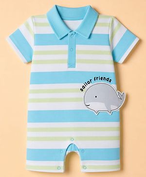 Babyhug 100% Cotton Interlock Knit Half Sleeves Striped Rompers With Fish Applique - White