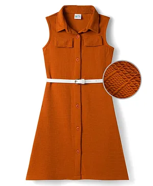 Hola Bonita Knit Sleeveless Solid
                                  Textured Fabric Dress with Belt - Rust
                                  Orange