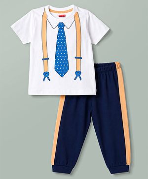 Babyhug 100% Cotton Knit Half Sleeves T-Shirt & Pyjama Night Suit With Star Print - White & Blue