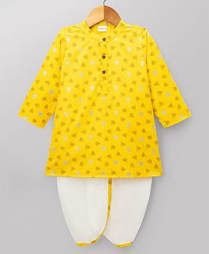 Babyhug 100% Cotton Cambric Woven Full Sleeves Triangles Printed Kurta & Dhoti Set - Yellow