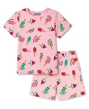 Pine Kids Cotton Knit Half Sleeves Co-Ords T-Shirt & Shorts Night Suit Icecream Print - Pink