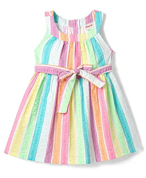 Babyhug Cotton Woven One Piece
                                  Dress Sleeveless Striped With Belt
                                  Multi Color 3-4 Years