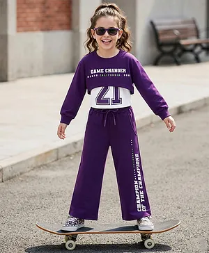 OLLINGTON ST. Cotton Knit Full
                              Sleeves Top With Inner Tee & Culottes
                              Set - Purple & White