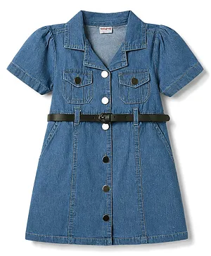 Babyhug Denim Woven Half Sleeves Shirt Style Dress With Belt - Blue