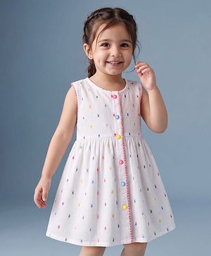 Babyhug 100% Cotton Woven One Piece Dress Sleeveless Round Neck with Front Buttons White 6-9 Months