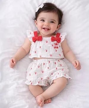 PURPLE UNITED KIDS Muslin Woven
                              Sleeveless Cherries Printed Coordinating
                              Top & Shorts Set - White