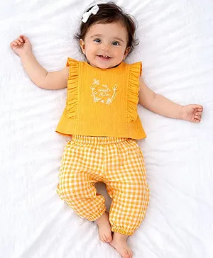 PURPLE UNITED KIDS Cotton Woven
                              Sleeveless Floral Embroidered Top &
                              Pant Set - Yellow