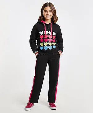 Pine Kids Looper Knit Full Sleeves
                              Hooded Sweatshirt & Pant Winter Wear
                              Suit With Heart Print - Black