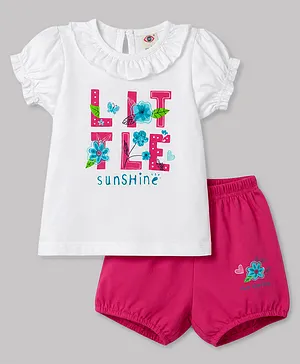 Zero Sinker Knit Half Sleeves Floral
                              & Text Printed T-Shirt & Shorts
                              Set - White & Dark Pink