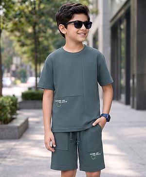 Pine Kids Looper Knit Half Sleeves Solid T-Shirt & Shorts Set - Charcoal Grey