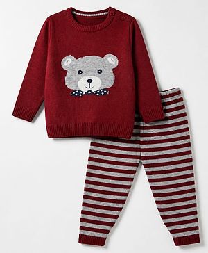 Babyhug Knit Full Sleeves Stripped Sweater Set with Teddy Design - Maroon