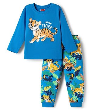 Babyhug Cotton Knit Full Sleeves Tiger Printed T-Shirt & Pyjama Night Suit - Blue