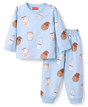 Babyhug Cotton Knit Full Sleeves
                              T-Shirt & Pyjama Co-ord Night Suit
                              with Milk & Cookies Print - Blue