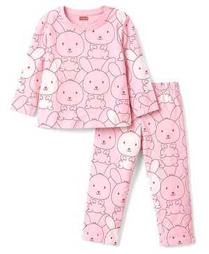 Babyhug Cotton Knit Half Sleeves Bunny Printed Co-Ords T-Shirt & Pyjama Night Suit - Pink