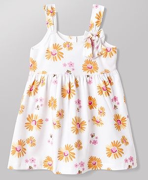 Babyhug 100% Cotton Single Jersey Knit Sleeveless Floral Printed Frock With Bow Applique - White