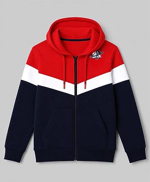 Pine Kids Cotton Knit Full Sleeves Hooded Colour Block Sweat Shirt - Navy Blue