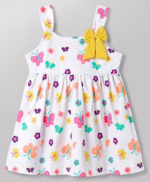 Babyhug 100% Cotton Knit Sleeveless Floral & Butterfly Printed Frock With Bow Applique - White