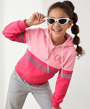 Pine Kids Cotton Knit Hooded Sweatshirt with Full Sleeves and Alphabet Embroidery - Pink