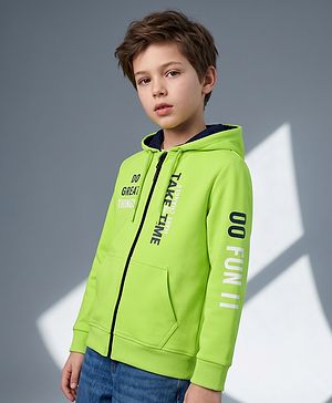 Pine Kids 100% Cotton Knit Full Sleeves Text Printed Hooded Sweatjacket With Kangaroo Pockets - Lime Green