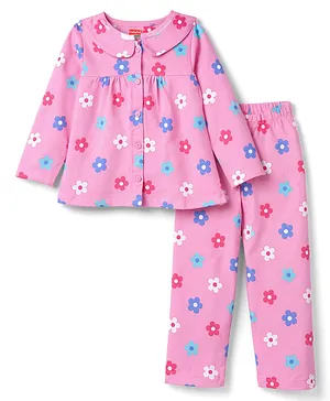 Babyhug Cotton Knit Full Sleeves Top
                              & Pyjama Co-ord Night Suit with Floral
                              Print - Pink
