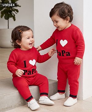 Babyhug Knit Full Sleeves Text Printed  Sweater Set - Red
