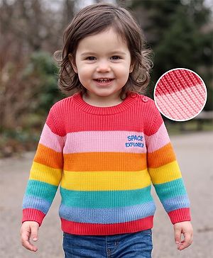 Babyhug Knit Full Sleeves Pullover with Colour Block Stripes & Text Design - Pink