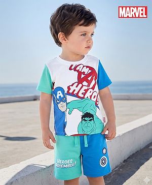 Babyhug Marvel Single Jersey Knit Half Sleeves T-Shirt & Shorts Set With Avengers Graphics - Multicolor