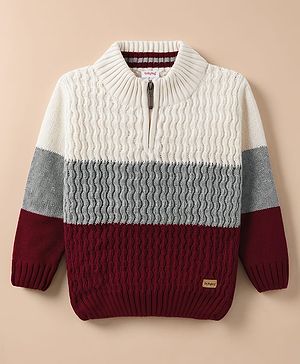 Babyhug Knit Full Sleeves Solid Colour Block High Neck Pullover- White