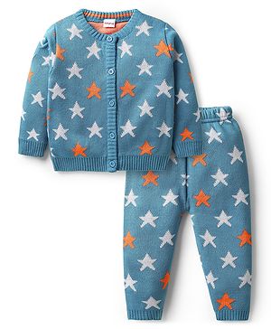 Babyhug Knit Full Sleeves Front Open Sweater Set with Star Design - Blue