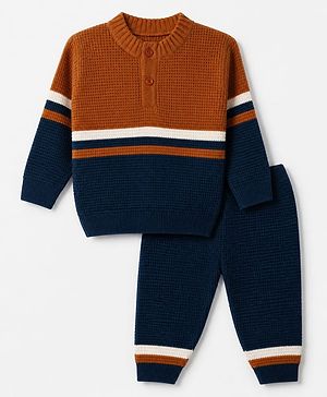 Babyhug Knit Full Sleeves Sweater Set with Color Block Design - Navy Blue
