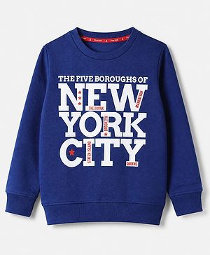 Pine Kids Cotton Mix Knit Sweatshirt with Full Sleeves and The Five Boroughs Of New York City Text Print - Navy Blue