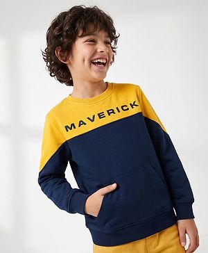 Pine Kids Cotton Mix Knit Sweatshirt with Full Sleeves and Maverick Print in Navy Blue