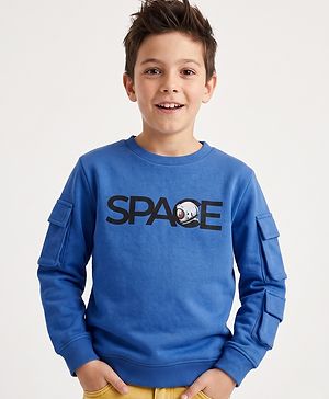 Pine Kids Cotton Mix Knit Full Sleeves Sweatshirts With Space Text Print - Navy Blue