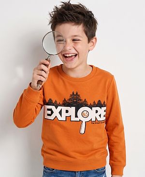 Pine Kids Cotton Mixes Knit Sweatshirt with Full Sleeves and Forest Print - Orange