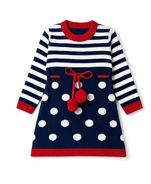 Babyhug  Knit Full Sleeves Stripe Woollen Dress With Polka Dot Design - Navy Blue